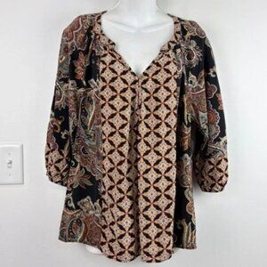 Paisley & Geometric Print 3/4 Sleeve Peasant Blouse